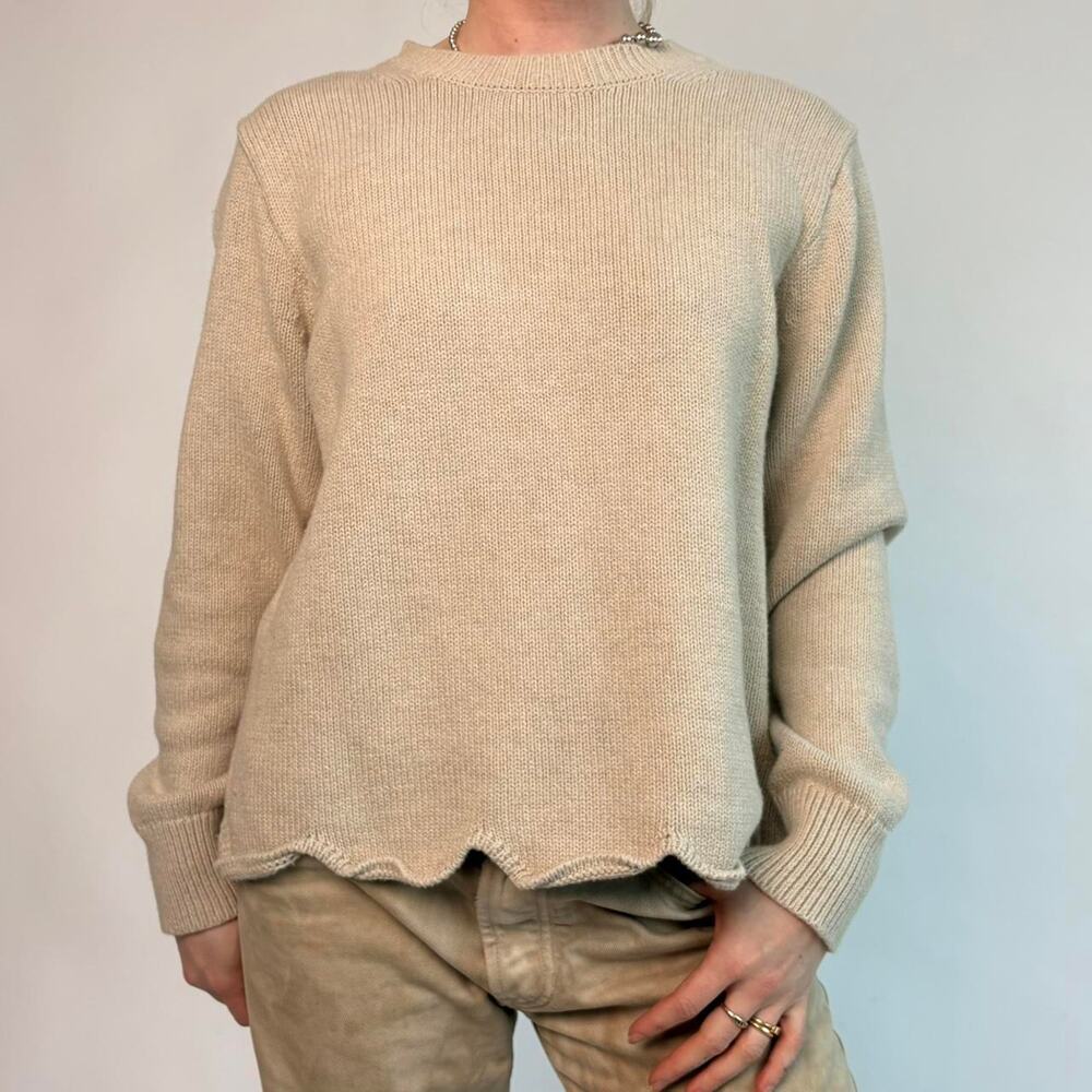 J.Crew Tan Crewneck Sweater - Scalloped Hem, Size Large - Picture 2 of 7
